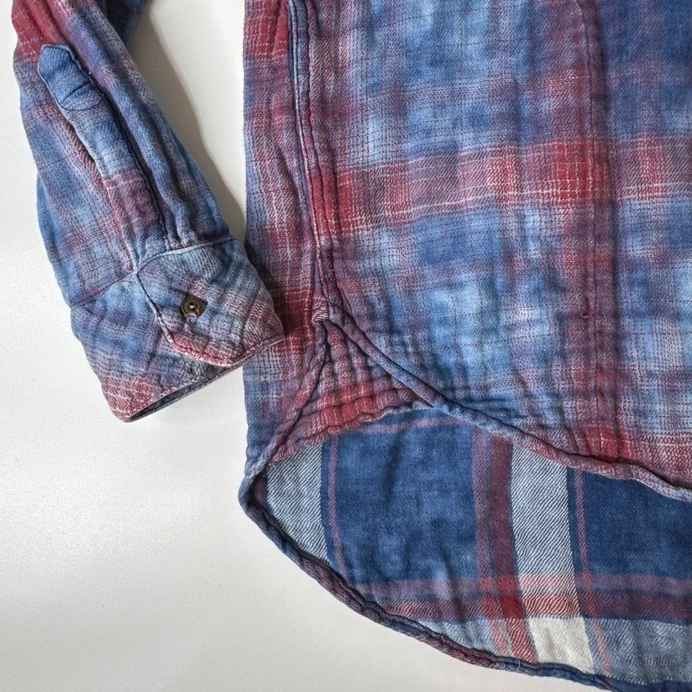 Free People Oversized Double Dip Plaid Shirt Blue Red‎ Button Up Gauzy Sz XS
